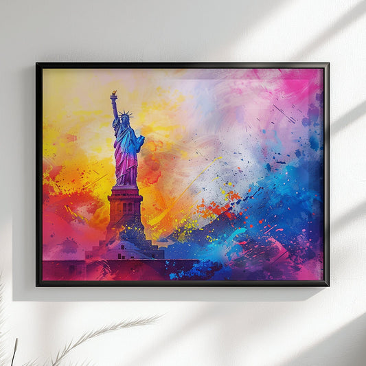 Abstract Statue of Liberty Poster Print. New York Skyline, American Cityscape Wall Decor Gift Colourful Watercolour USA City Paint Splash - CanvasityCrafts - Free Shipping