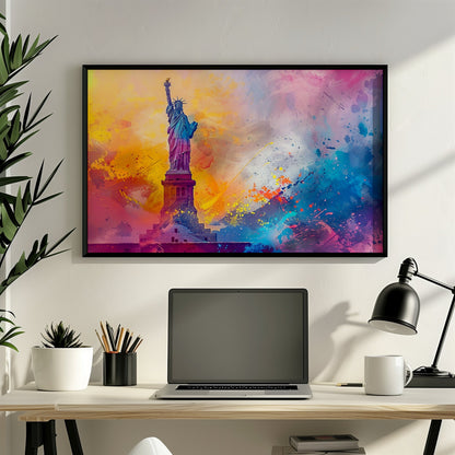 Abstract Statue of Liberty Poster Print. New York Skyline, American Cityscape Wall Decor Gift Colourful Watercolour USA City Paint Splash - CanvasityCrafts - Free Shipping