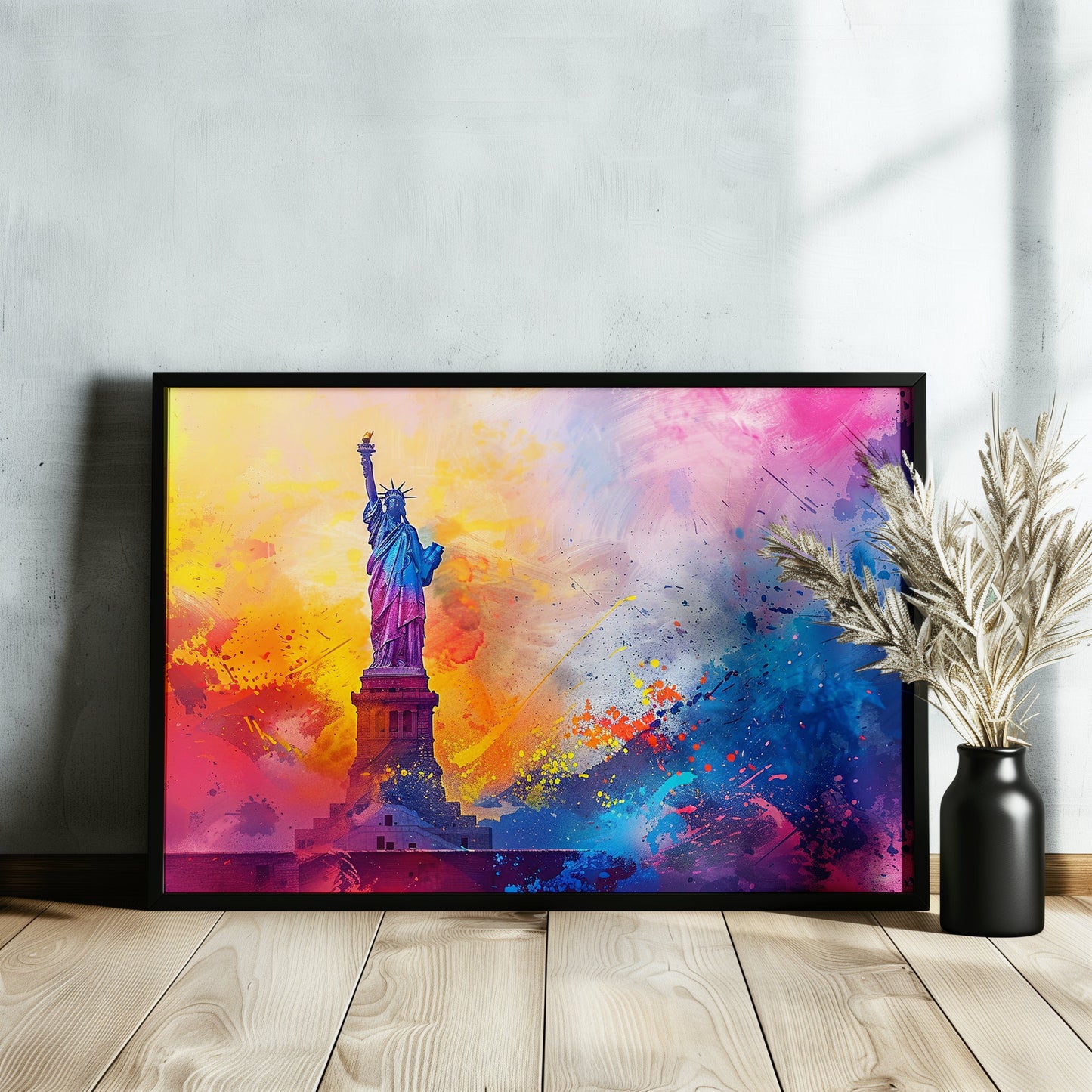 Abstract Statue of Liberty Poster Print. New York Skyline, American Cityscape Wall Decor Gift Colourful Watercolour USA City Paint Splash - CanvasityCrafts - Free Shipping