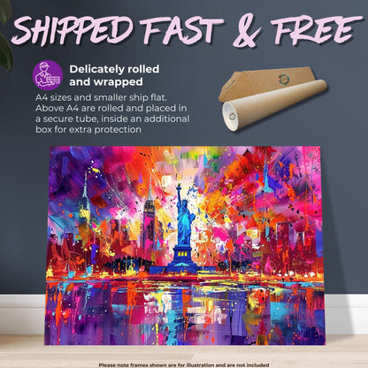 New York Skyline Statue of Liberty Poster Print. Abstract American Cityscape Wall Decor Gift Colourful Watercolour USA City Paint Splash - CanvasityCrafts - Free Shipping