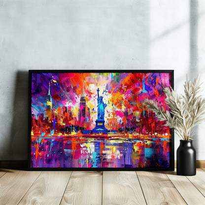 New York Skyline Statue of Liberty Poster Print. Abstract American Cityscape Wall Decor Gift Colourful Watercolour USA City Paint Splash - CanvasityCrafts - Free Shipping