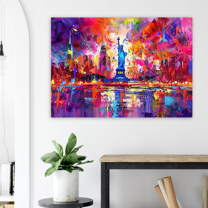 New York Skyline Statue of Liberty Poster Print. Abstract American Cityscape Wall Decor Gift Colourful Watercolour USA City Paint Splash - CanvasityCrafts - Free Shipping