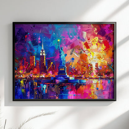 New York Skyline Statue of Liberty Poster Print. Abstract American Cityscape Wall Decor Gift Colourful Watercolour USA City Paint Splash - CanvasityCrafts - Free Shipping