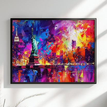 New York Skyline Statue of Liberty Poster Print. Abstract American Cityscape Wall Decor Gift Colourful Watercolour USA City Paint Splash - CanvasityCrafts - Free Shipping