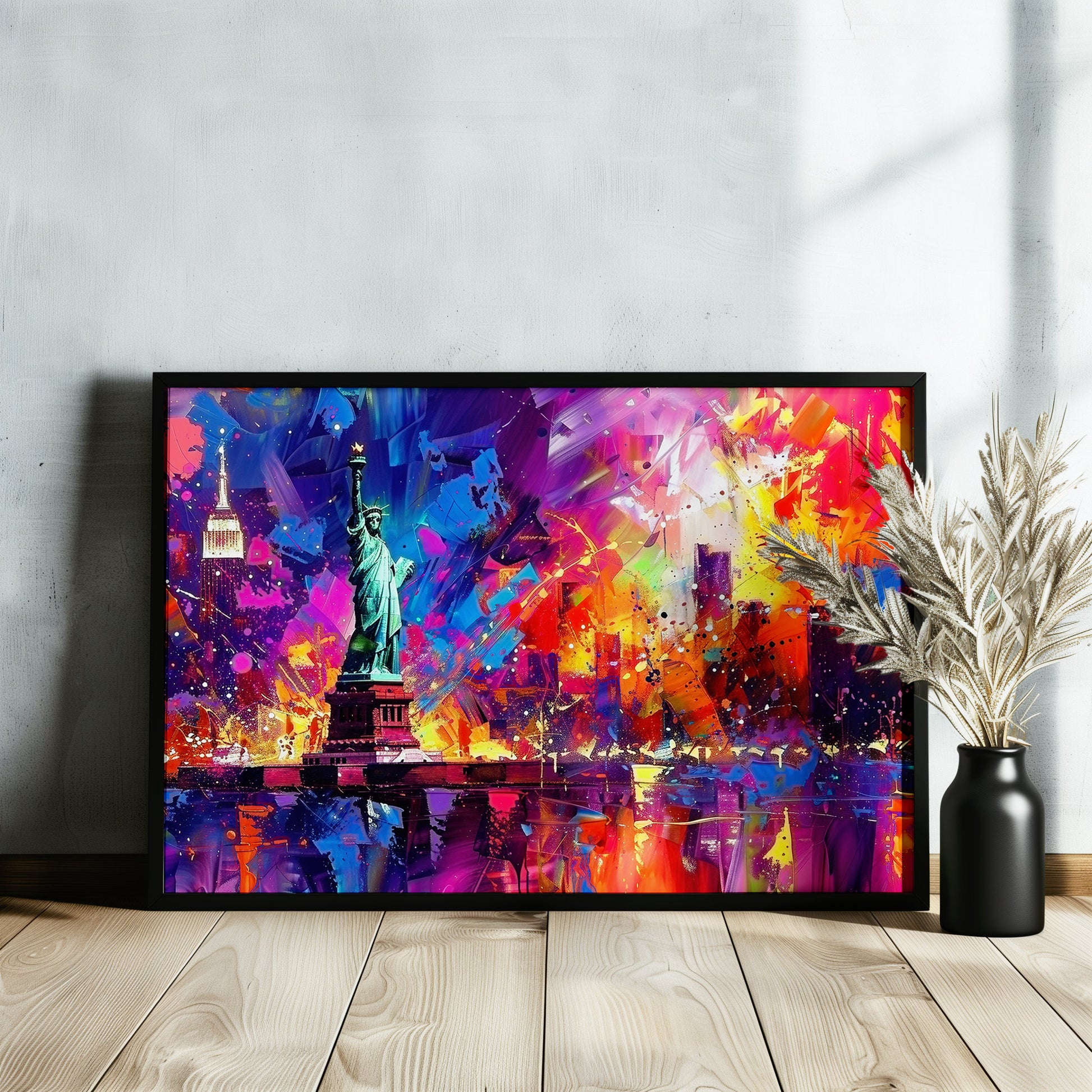 New York Skyline Statue of Liberty Poster Print. Abstract American Cityscape Wall Decor Gift Colourful Watercolour USA City Paint Splash - CanvasityCrafts - Free Shipping