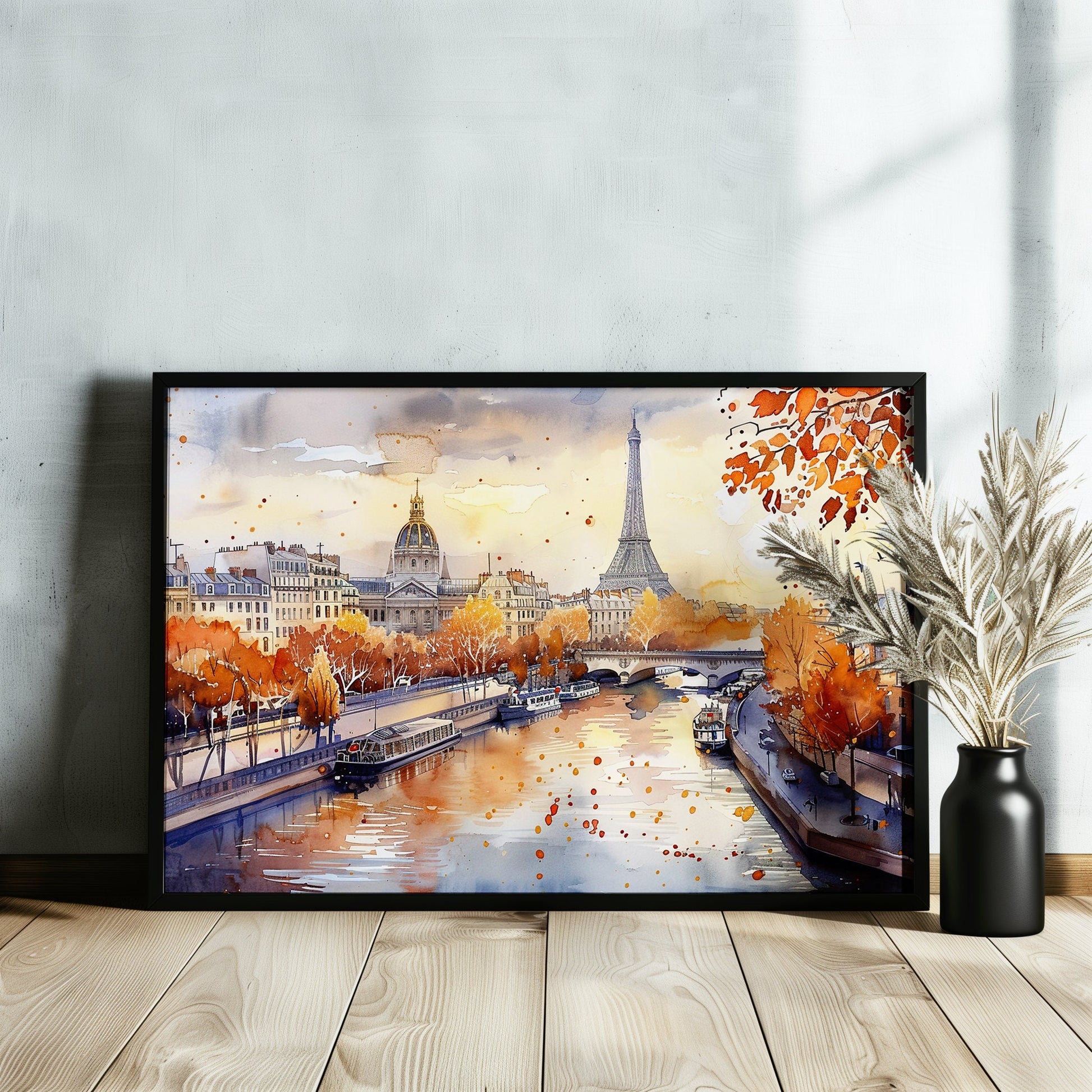 Paris France Eiffel Tower River Siene Canvas / Poster Print. Watercolour French Cityscape Travel Wall Decor Abstract Watercolor Autumn Gifts - CanvasityCrafts - Free Shipping