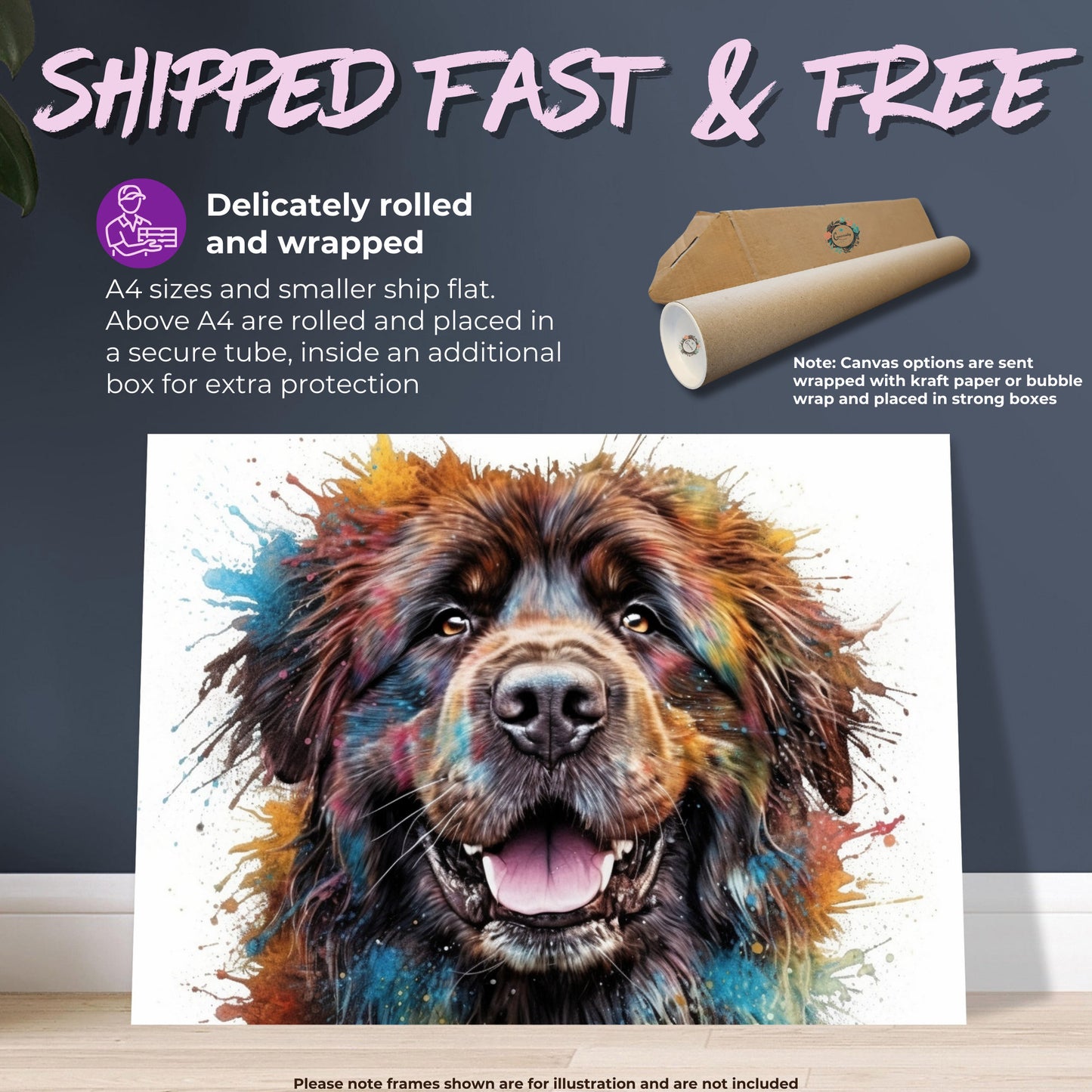 Newfoundland Canvas / Poster Print. Unique Colourful Watercolour Happy Dog Painting Newfie Splatter Paint Splash Art Animal Wall Decor Gifts - CanvasityCrafts - Free Shipping