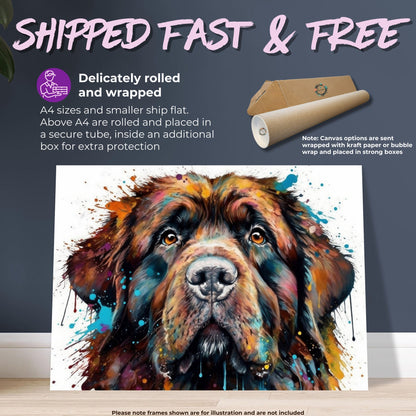 Newfoundland Canvas / Poster Print. Unique Colourful Watercolour Happy Dog Painting Newfie Splatter Paint Splash Art Animal Wall Decor Gifts - CanvasityCrafts - Free Shipping