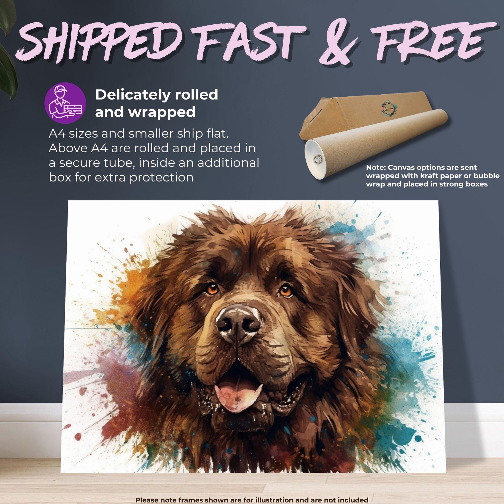 Brown Newfoundland Poster Print. Unique Colourful Watercolour Happy Dog Painting Newfie Splatter Paint Splash Art Animal Wall Decor Gifts - CanvasityCrafts - Free Shipping