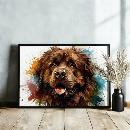 Brown Newfoundland Poster Print. Unique Colourful Watercolour Happy Dog Painting Newfie Splatter Paint Splash Art Animal Wall Decor Gifts - CanvasityCrafts - Free Shipping