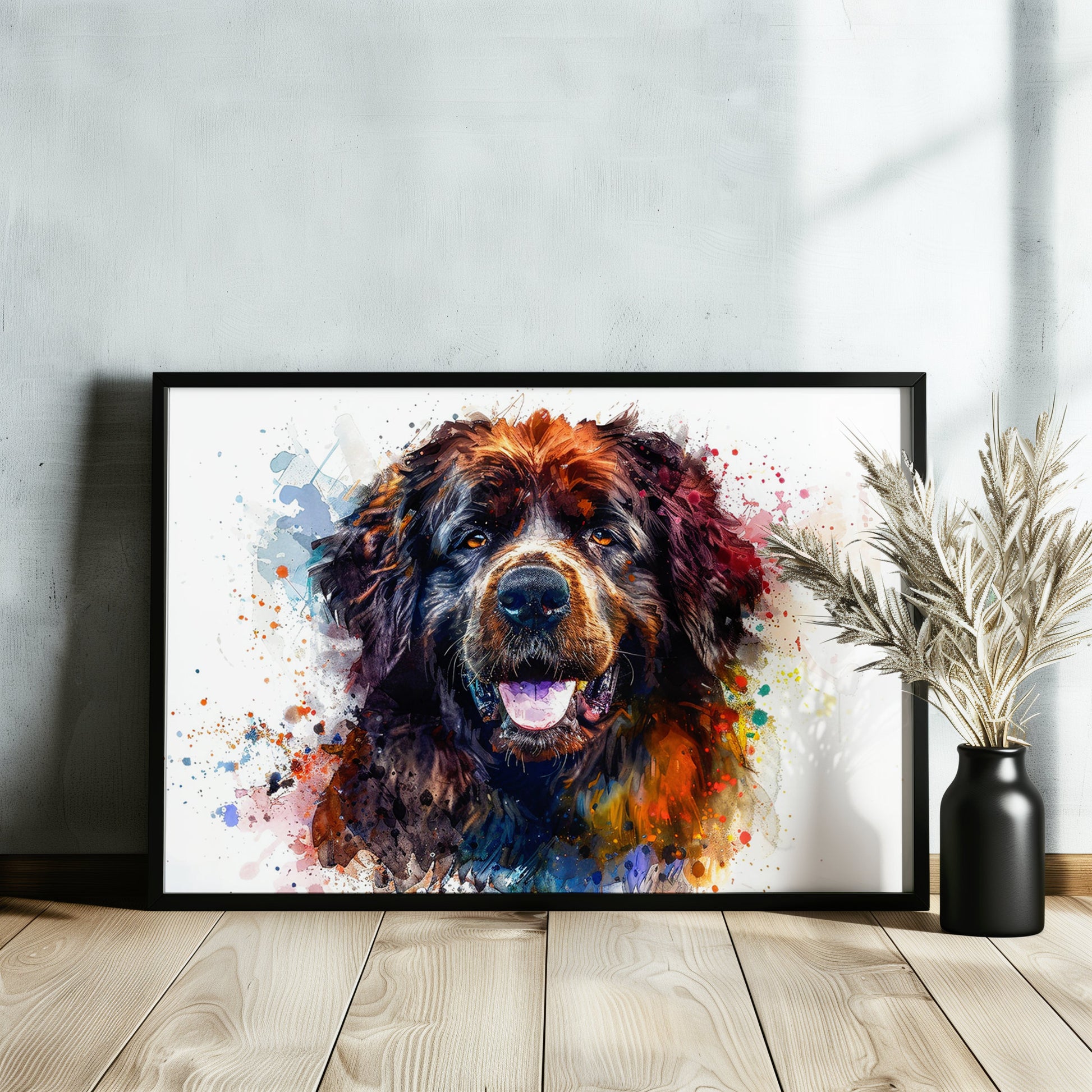 Newfoundland Canvas / Poster Print. Unique Colourful Watercolour Happy Dog Painting Newfie Splatter Paint Splash Art Animal Wall Decor Gifts - CanvasityCrafts - Free Shipping