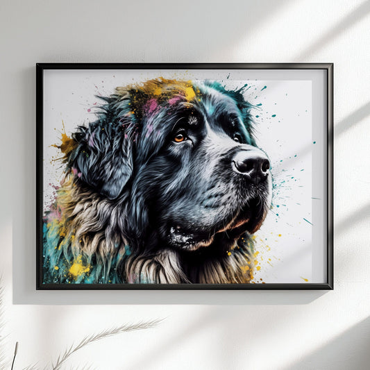 Newfoundland Canvas / Poster Print. Unique Colourful Watercolour Happy Dog Painting Newfie Splatter Paint Splash Art Animal Wall Decor Gifts - CanvasityCrafts - Free Shipping