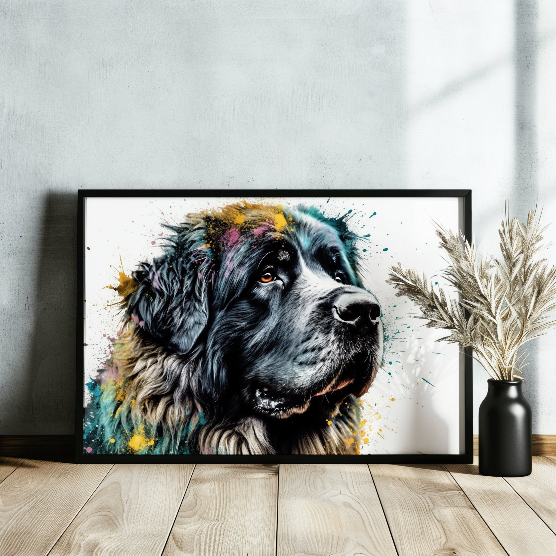 Newfoundland Canvas / Poster Print. Unique Colourful Watercolour Happy Dog Painting Newfie Splatter Paint Splash Art Animal Wall Decor Gifts - CanvasityCrafts - Free Shipping