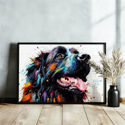 Black Newfoundland Poster Print. Unique Colourful Watercolour Happy Dog Painting Newfie Splatter Paint Splash Art Animal Wall Decor Gifts - CanvasityCrafts - Free Shipping