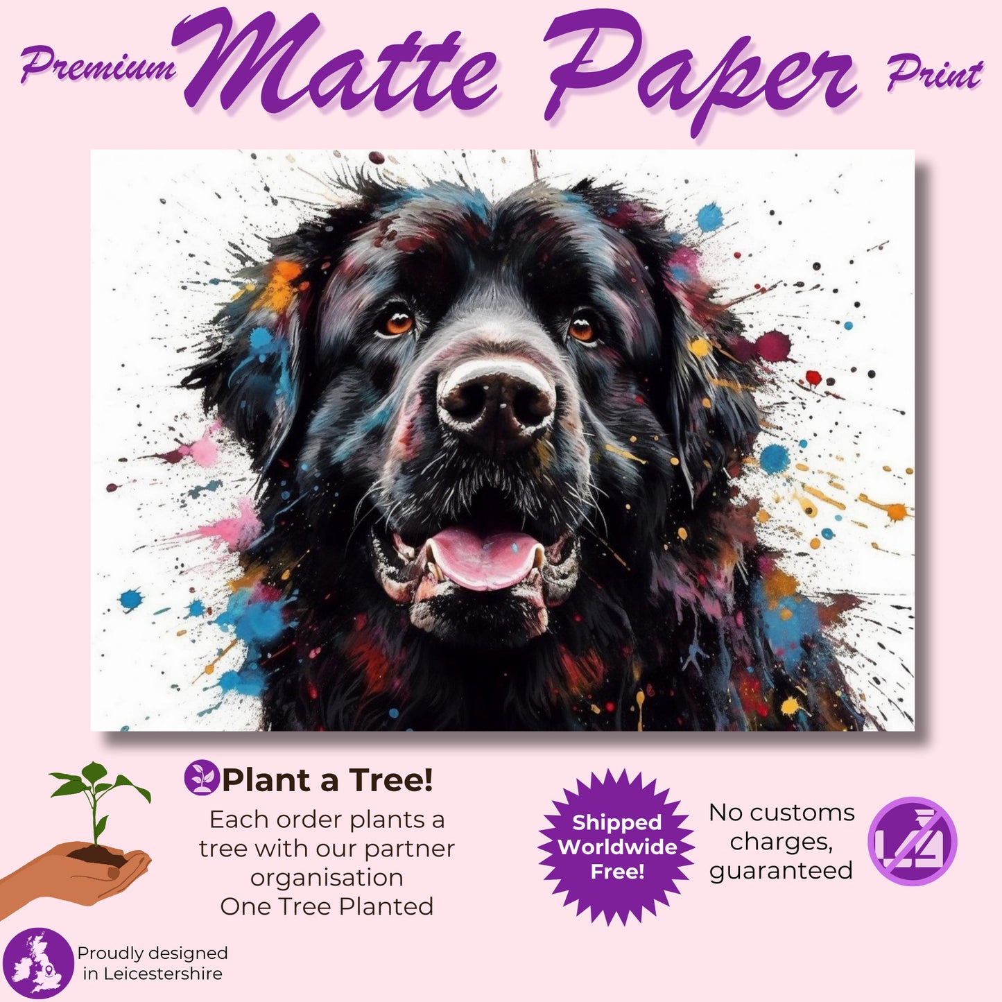 Black Newfoundland Poster Print. Unique Colourful Watercolour Happy Dog Painting Newfie Splatter Paint Splash Art Animal Wall Decor Gifts - CanvasityCrafts - Free Shipping