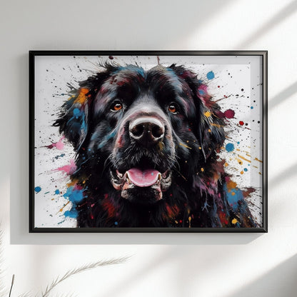 Black Newfoundland Poster Print. Unique Colourful Watercolour Happy Dog Painting Newfie Splatter Paint Splash Art Animal Wall Decor Gifts - CanvasityCrafts - Free Shipping