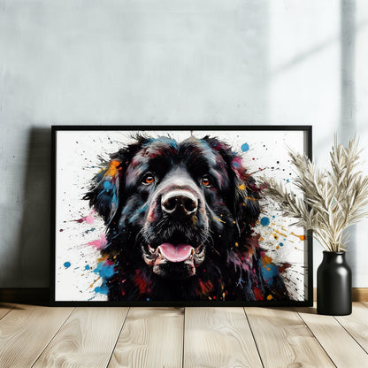 Black Newfoundland Poster Print. Unique Colourful Watercolour Happy Dog Painting Newfie Splatter Paint Splash Art Animal Wall Decor Gifts - CanvasityCrafts - Free Shipping