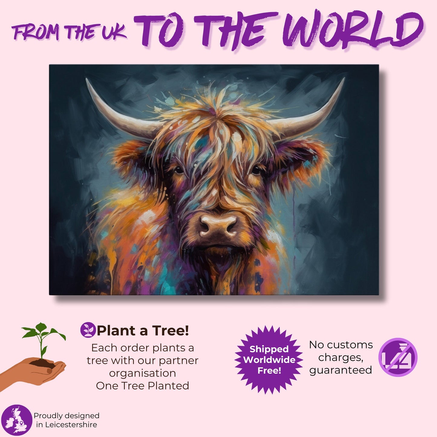 Highland Cow Canvas Print. A unique multi-colour Scottish cow painting, horizontal landscape. Colourful farm wall decor gifts for farmer mom - CanvasityCrafts - Free Shipping