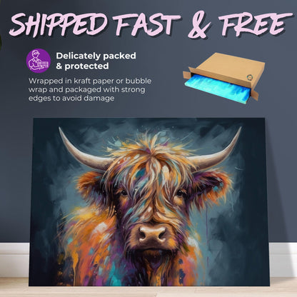 Highland Cow Canvas Print. A unique multi-colour Scottish cow painting, horizontal landscape. Colourful farm wall decor gifts for farmer mom - CanvasityCrafts - Free Shipping