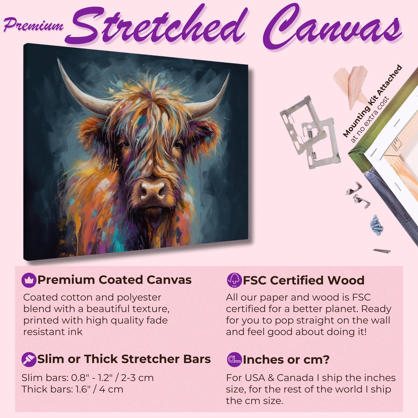 Highland Cow Canvas Print. A unique multi-colour Scottish cow painting, horizontal landscape. Colourful farm wall decor gifts for farmer mom - CanvasityCrafts - Free Shipping