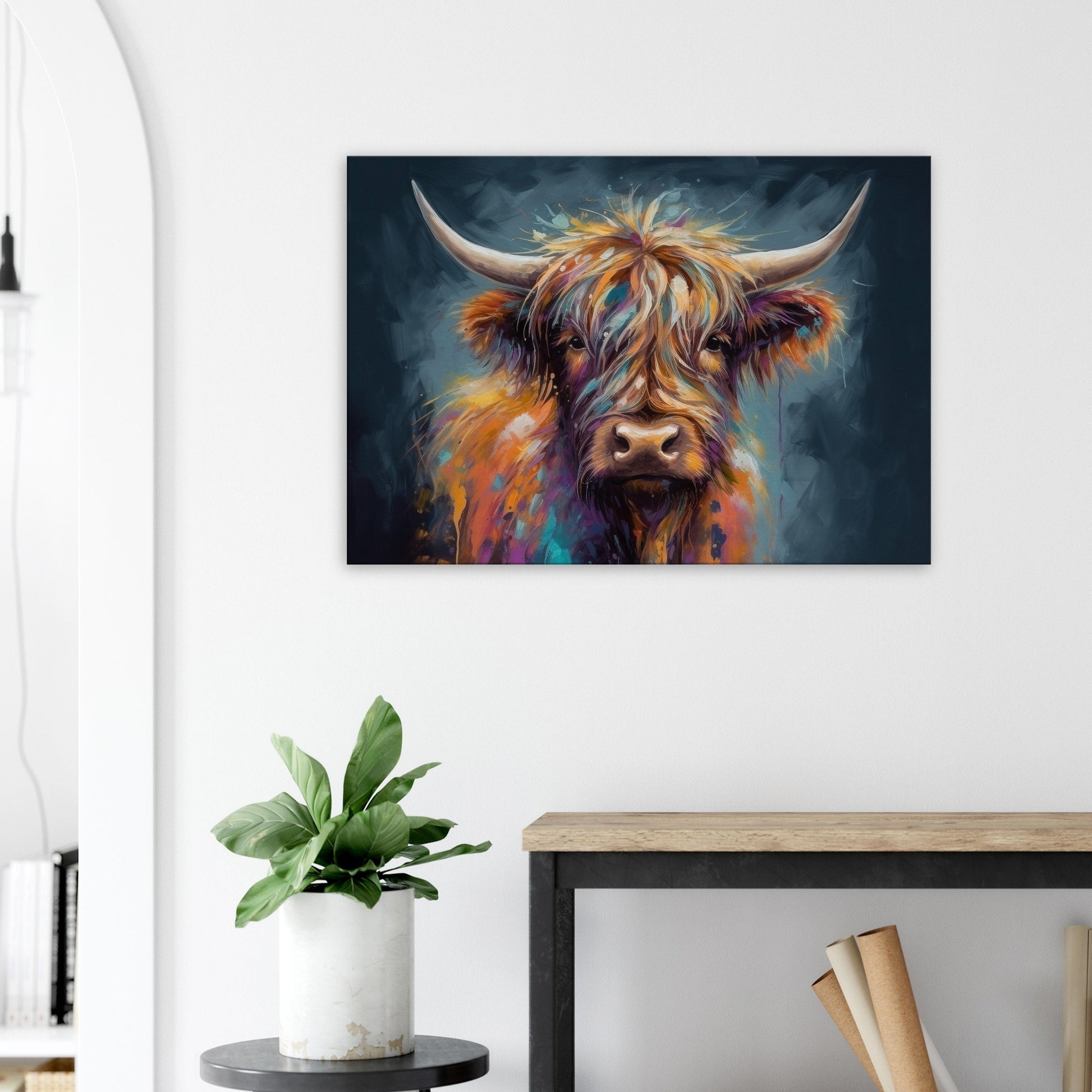 Highland Cow Canvas Print. A unique multi-colour Scottish cow painting, horizontal landscape. Colourful farm wall decor gifts for farmer mom - CanvasityCrafts - Free Shipping