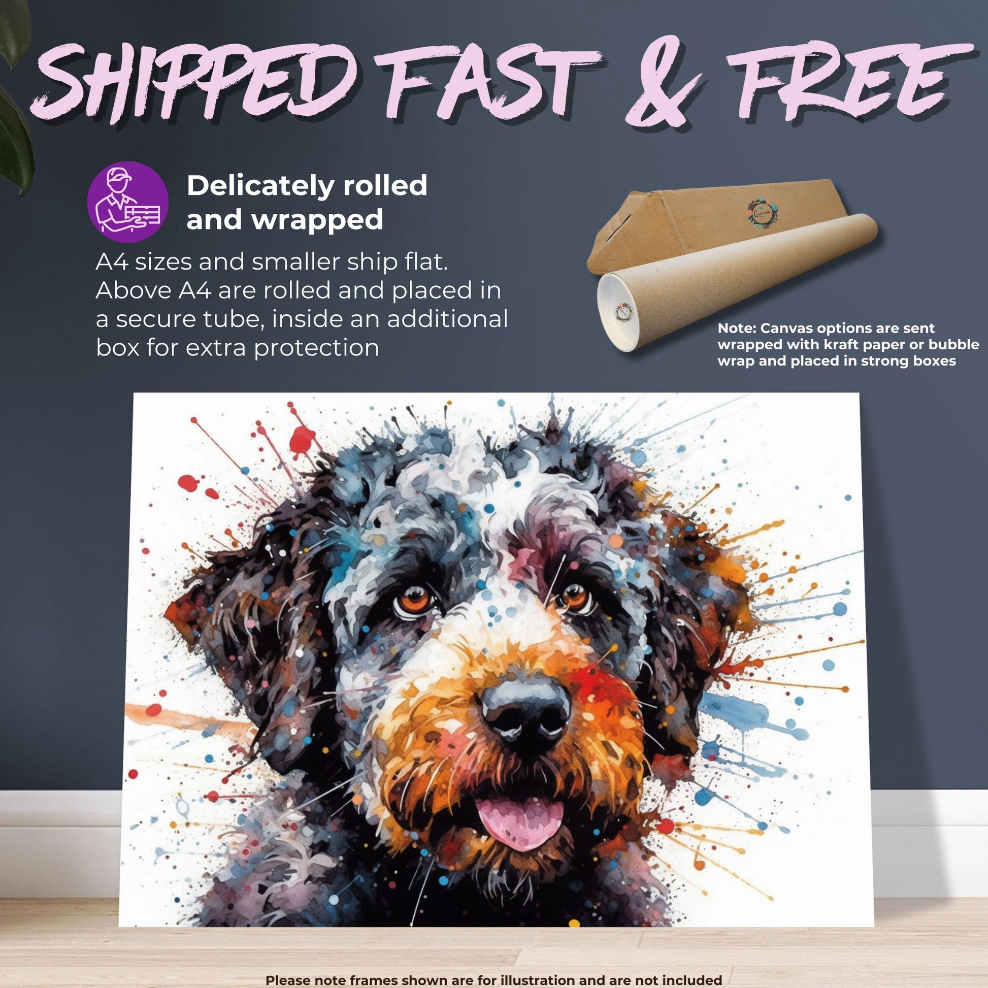 Lagotto Romagnolo Canvas or Poster Print. Colourful Watercolour Happy Truffle Dog Painting Splatter Paint Splash Art Animal Wall Decor Gifts - CanvasityCrafts - Free Shipping