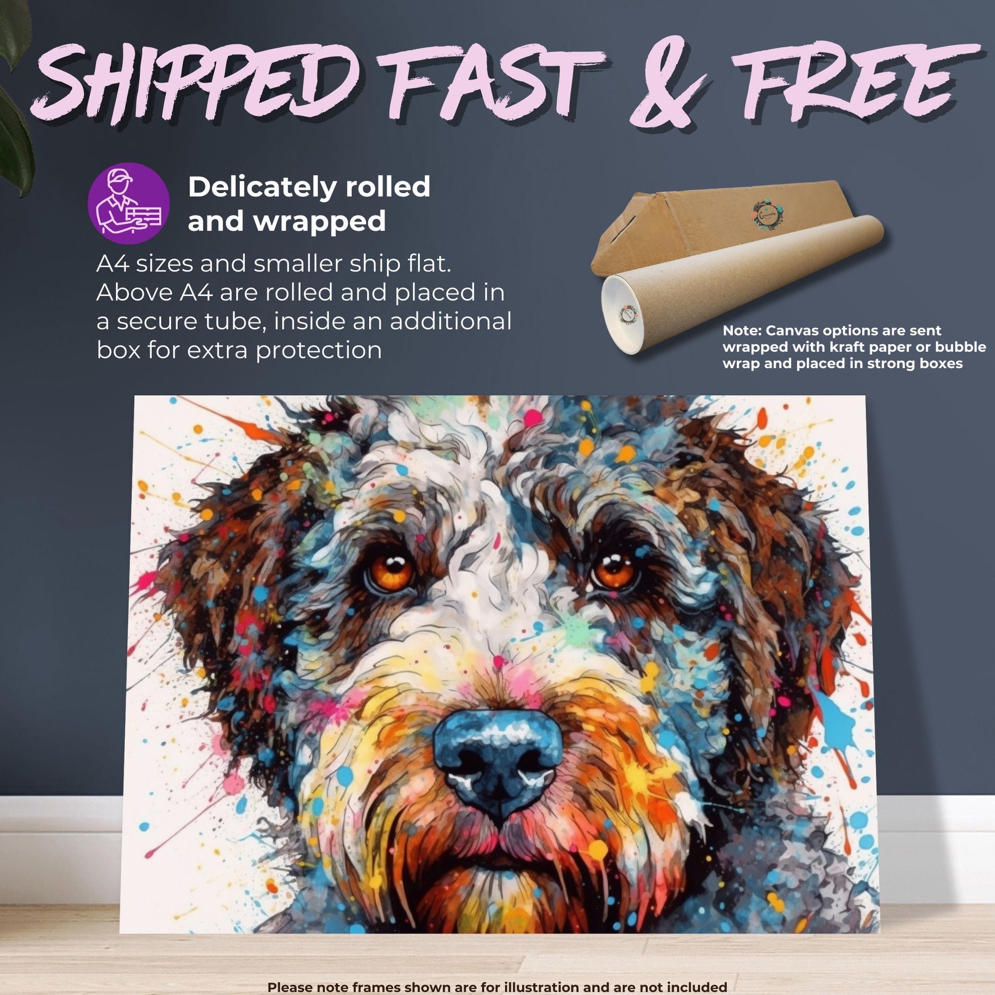 Lagotto Romagnolo Canvas or Poster Print. Colourful Watercolour Happy Truffle Dog Painting Splatter Paint Splash Art Animal Wall Decor Gifts - CanvasityCrafts - Free Shipping