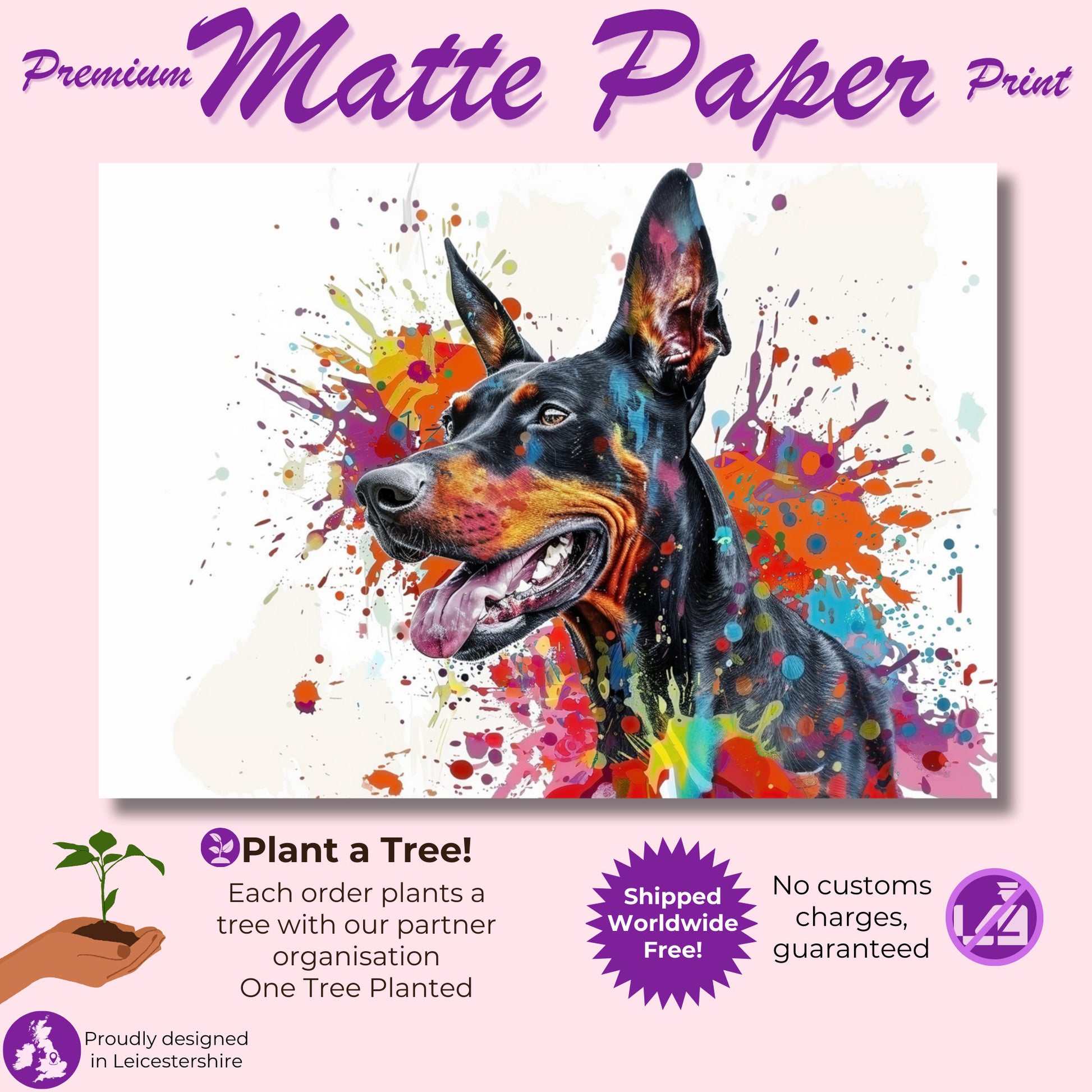 Dobermann Canvas / Poster Print. Colourful Abstract Watercolour Doberman Pinscher Dog Painting Splatter Paint Splash Art, Wall Decor Gifts - CanvasityCrafts - Free Shipping