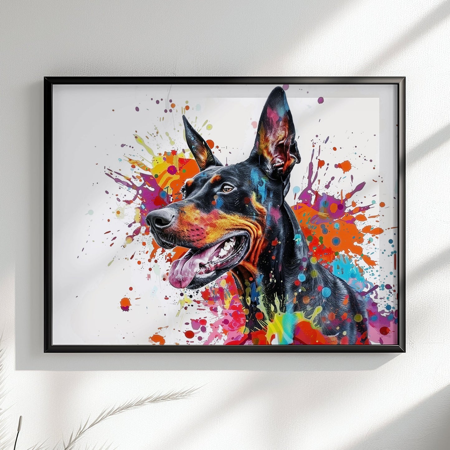 Dobermann Canvas / Poster Print. Colourful Abstract Watercolour Doberman Pinscher Dog Painting Splatter Paint Splash Art, Wall Decor Gifts - CanvasityCrafts - Free Shipping