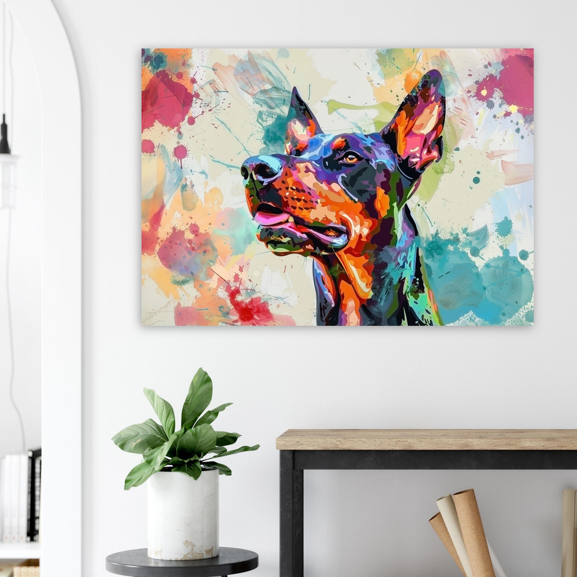 Dobermann Canvas / Poster Print. Colourful Abstract Watercolour Doberman Pinscher Dog Painting Splatter Paint Splash Art, Wall Decor Gifts - CanvasityCrafts - Free Shipping