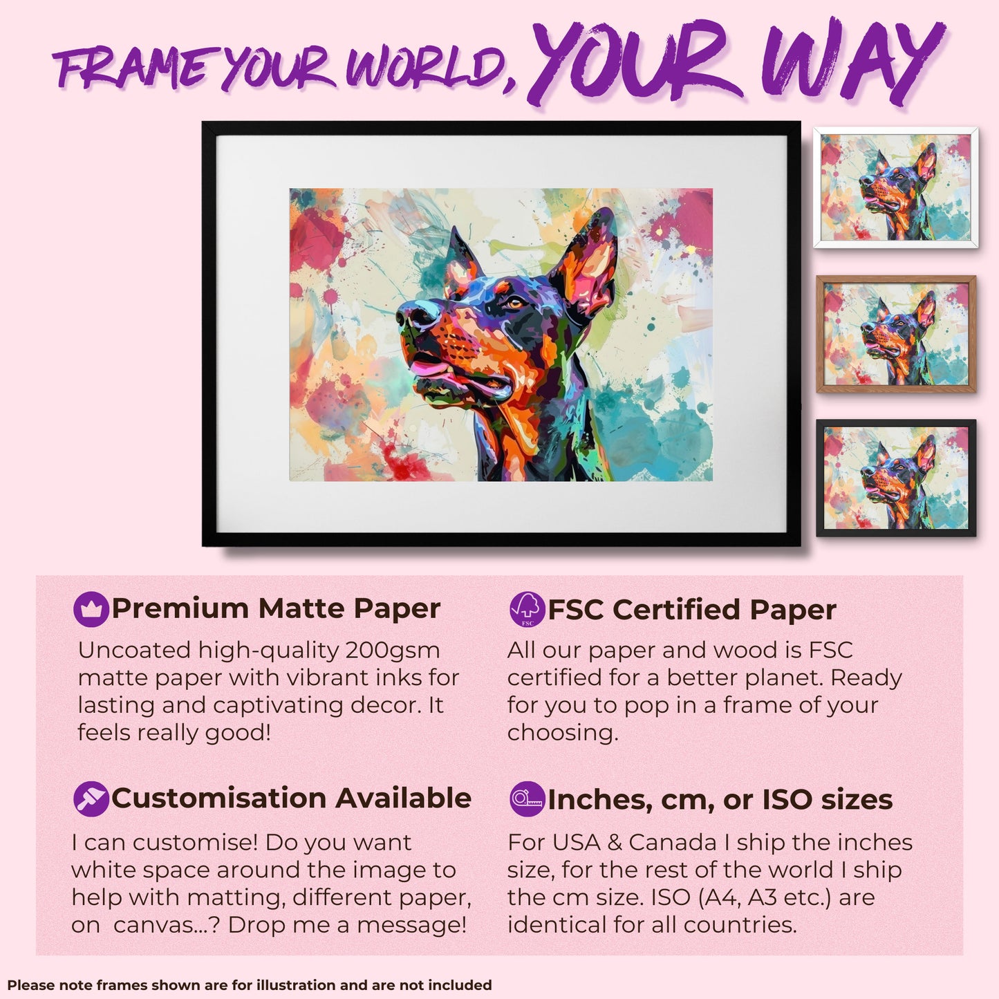 Dobermann Canvas / Poster Print. Colourful Abstract Watercolour Doberman Pinscher Dog Painting Splatter Paint Splash Art, Wall Decor Gifts - CanvasityCrafts - Free Shipping