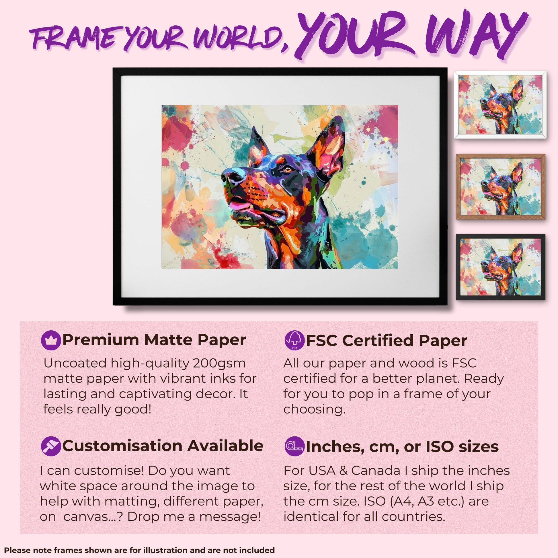 Dobermann Canvas / Poster Print. Colourful Abstract Watercolour Doberman Pinscher Dog Painting Splatter Paint Splash Art, Wall Decor Gifts - CanvasityCrafts - Free Shipping