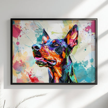 Dobermann Canvas / Poster Print. Colourful Abstract Watercolour Doberman Pinscher Dog Painting Splatter Paint Splash Art, Wall Decor Gifts - CanvasityCrafts - Free Shipping