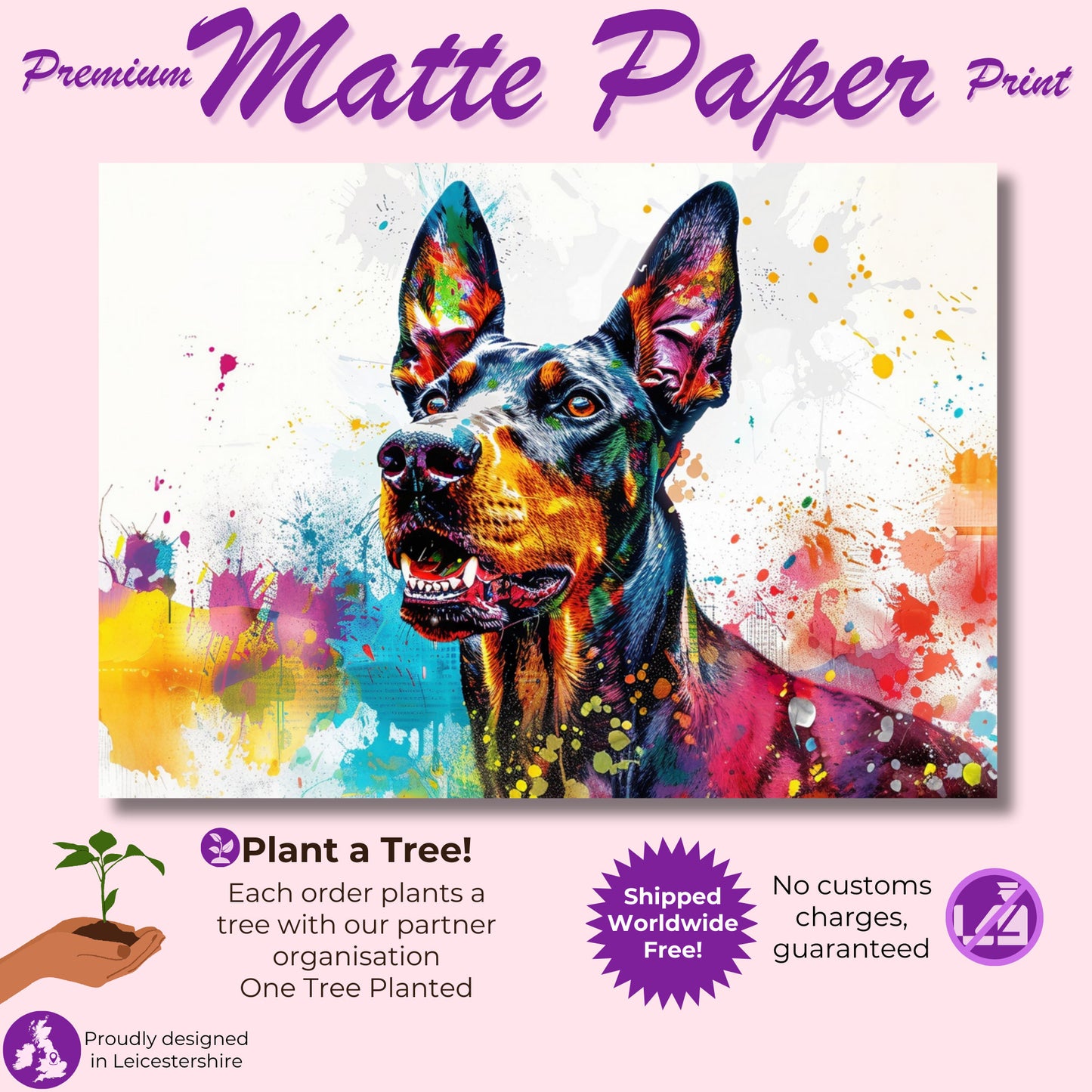 Dobermann Canvas / Poster Print. Colourful Abstract Watercolour Doberman Pinscher Dog Painting Splatter Paint Splash Art, Wall Decor Gifts - CanvasityCrafts - Free Shipping