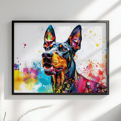 Dobermann Canvas / Poster Print. Colourful Abstract Watercolour Doberman Pinscher Dog Painting Splatter Paint Splash Art, Wall Decor Gifts - CanvasityCrafts - Free Shipping