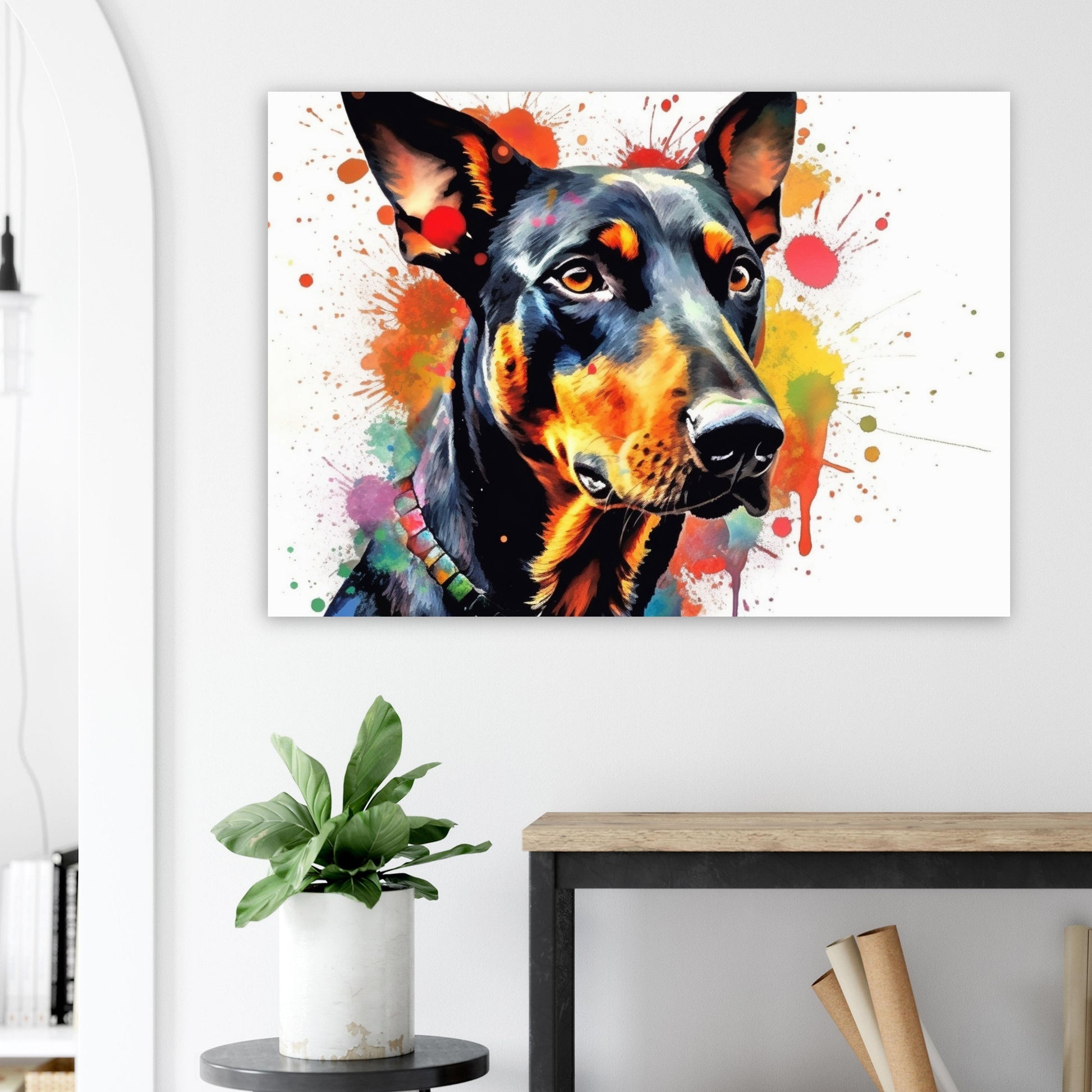 Dobermann Canvas / Poster Print. Colourful Abstract Watercolour Doberman Pinscher Dog Painting Splatter Paint Splash Art, Wall Decor Gifts - CanvasityCrafts - Free Shipping