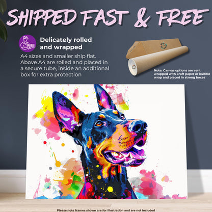 Pop Art Dobermann Canvas / Poster Print. Colourful Abstract Doberman Pinscher Dog Painting Splatter Paint Splash Art, Wall Decor Gifts - CanvasityCrafts - Free Shipping