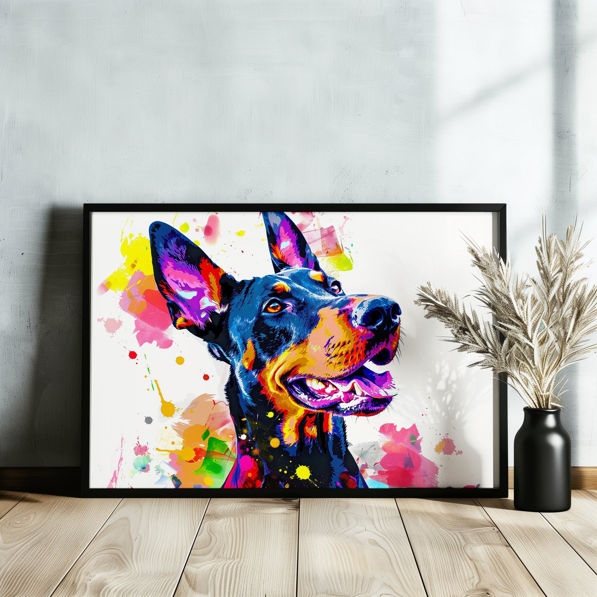 Pop Art Dobermann Canvas / Poster Print. Colourful Abstract Doberman Pinscher Dog Painting Splatter Paint Splash Art, Wall Decor Gifts - CanvasityCrafts - Free Shipping