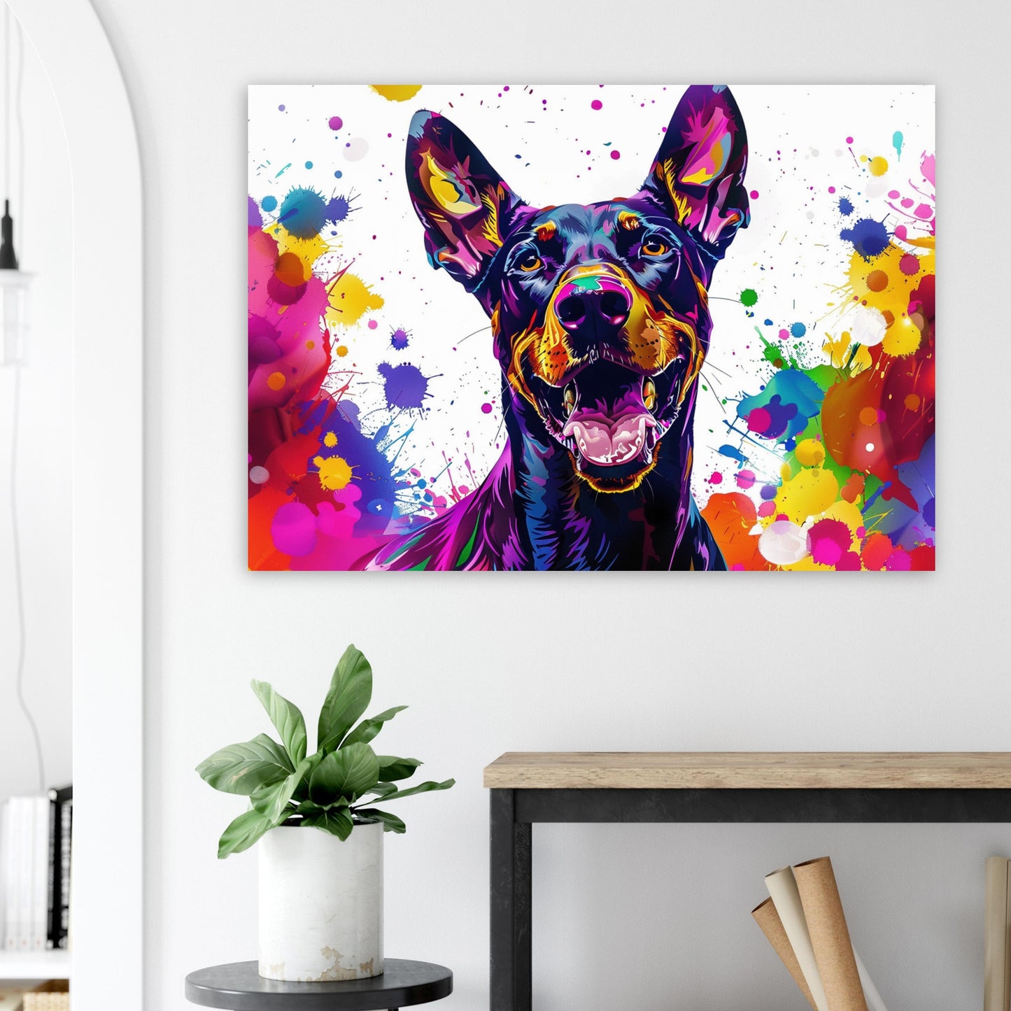 Pop Art Dobermann Canvas / Poster Print. Colourful Abstract Doberman Pinscher Dog Painting Splatter Paint Splash Art, Wall Decor Gifts - CanvasityCrafts - Free Shipping