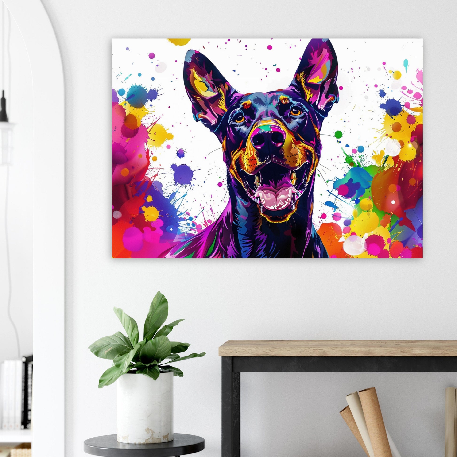 Pop Art Dobermann Canvas / Poster Print. Colourful Abstract Doberman Pinscher Dog Painting Splatter Paint Splash Art, Wall Decor Gifts - CanvasityCrafts - Free Shipping