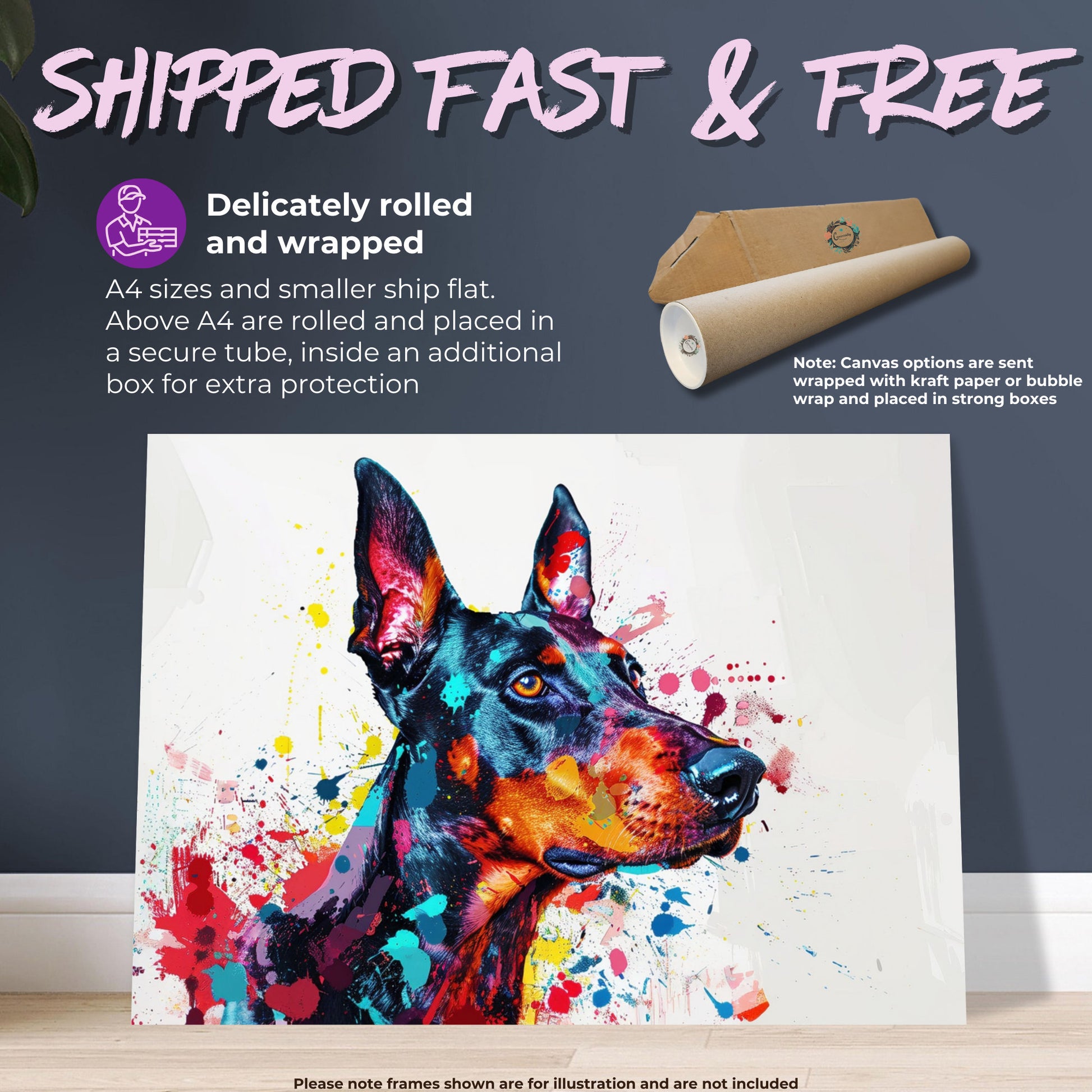 Pop Art Dobermann Canvas / Poster Print. Colourful Abstract Doberman Pinscher Dog Painting Splatter Paint Splash Art, Wall Decor Gifts - CanvasityCrafts - Free Shipping