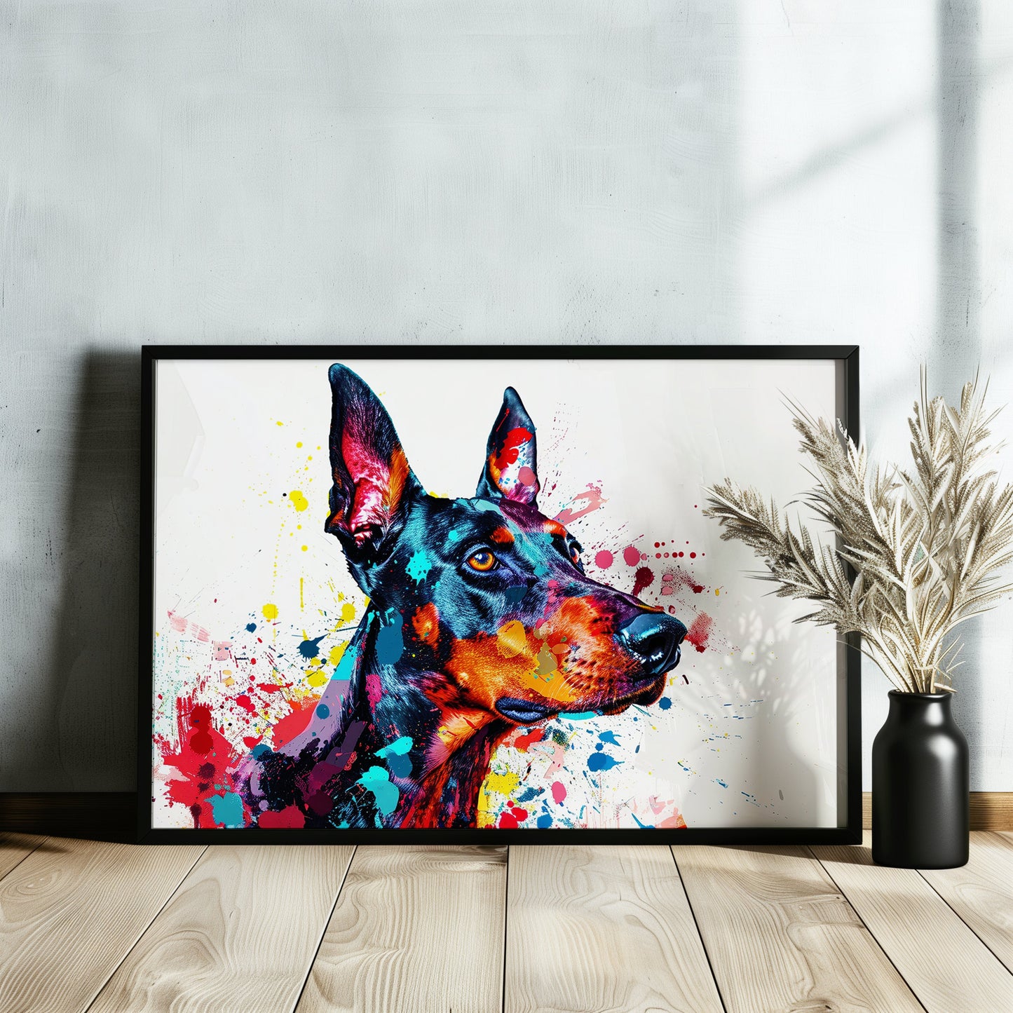 Pop Art Dobermann Canvas / Poster Print. Colourful Abstract Doberman Pinscher Dog Painting Splatter Paint Splash Art, Wall Decor Gifts - CanvasityCrafts - Free Shipping