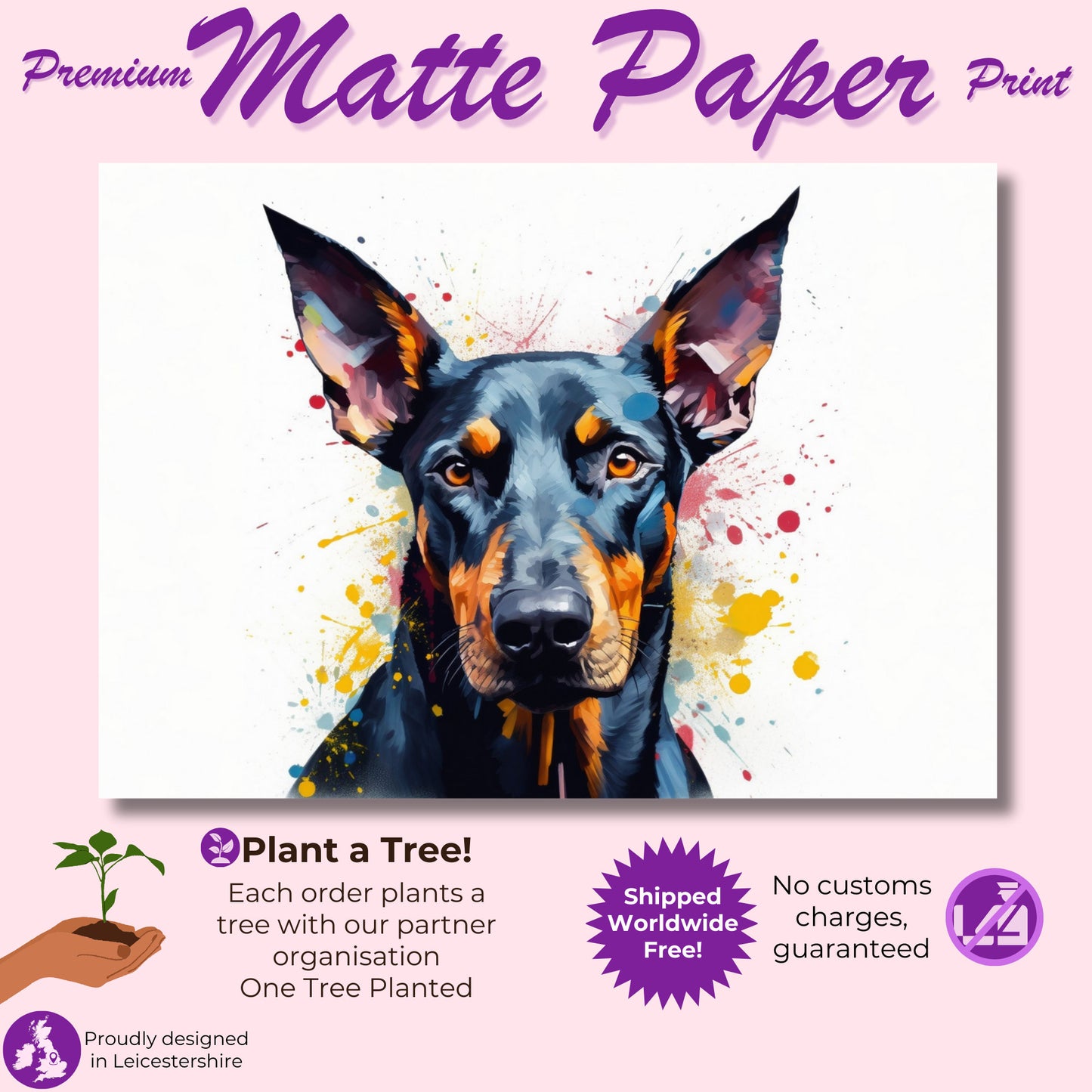 Dobermann Canvas / Poster Print. Colourful WatercoloAbstract Doberman Pinscher Dog Painting Splatter Paint Splash Art, Wall Decor Gifts - CanvasityCrafts - Free Shipping