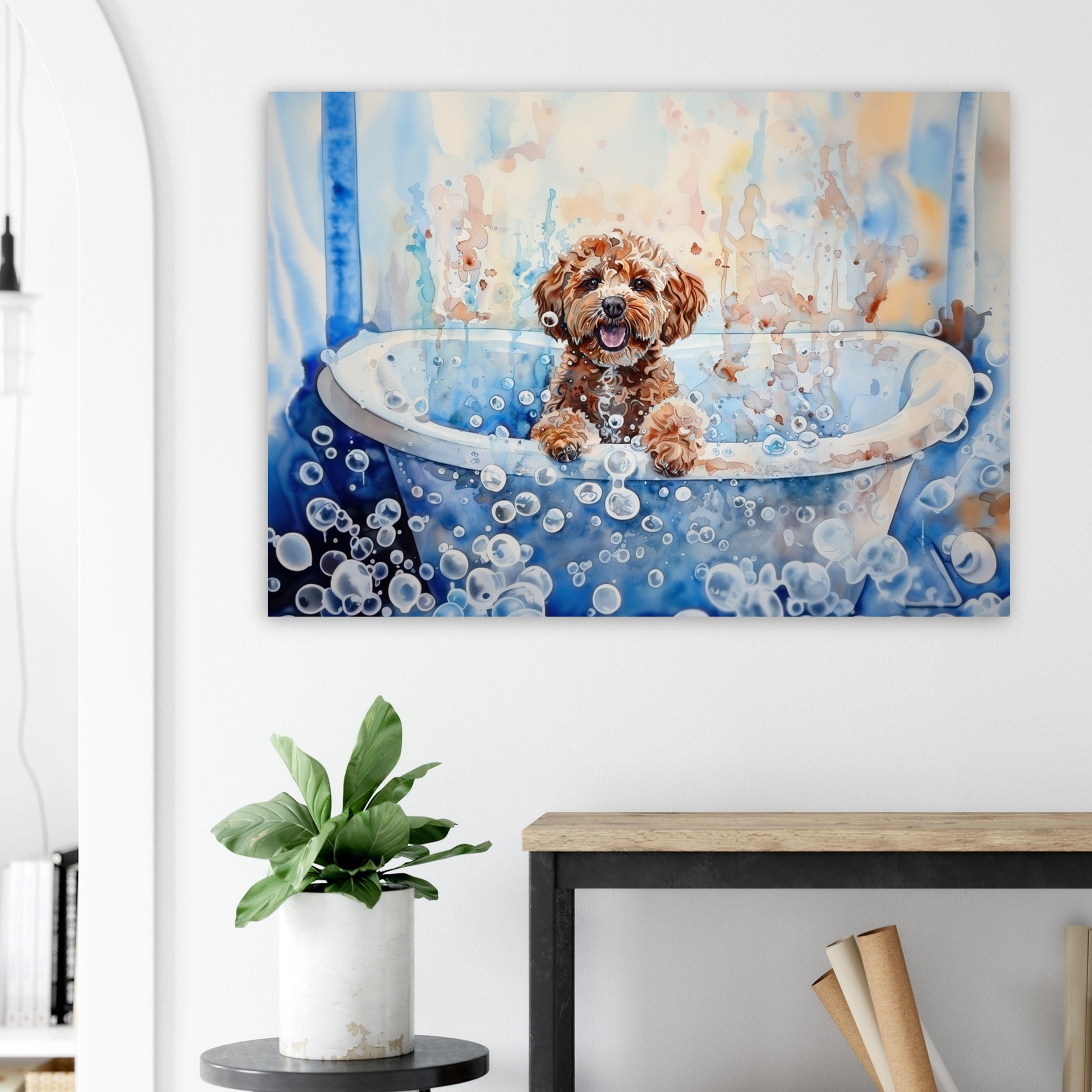 Cute Cockapoo Canvas / Poster Print. Colourful Watercolour Doodle Dog Bathtub Painting Splatter Paint Splash Art, Wall Decor Gifts - CanvasityCrafts - Free Shipping