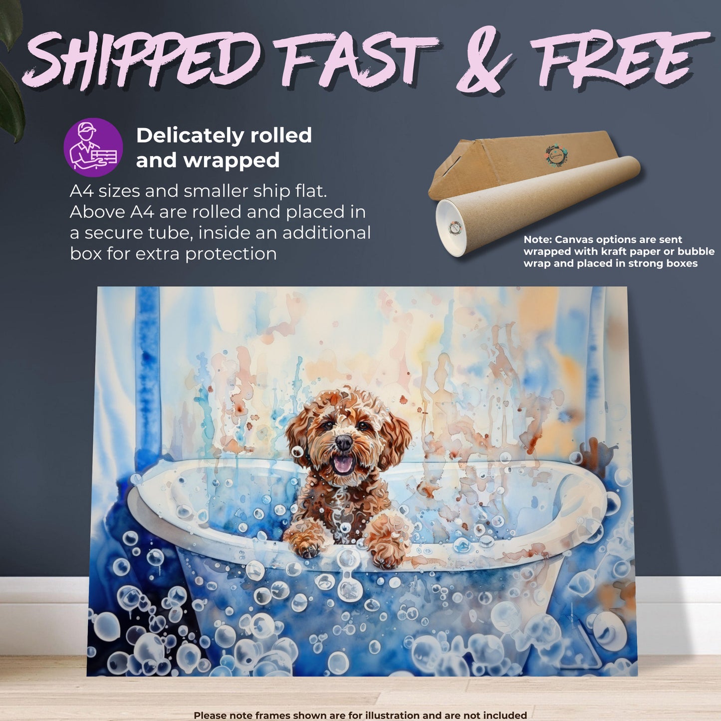 Cute Cockapoo Canvas / Poster Print. Colourful Watercolour Doodle Dog Bathtub Painting Splatter Paint Splash Art, Wall Decor Gifts - CanvasityCrafts - Free Shipping