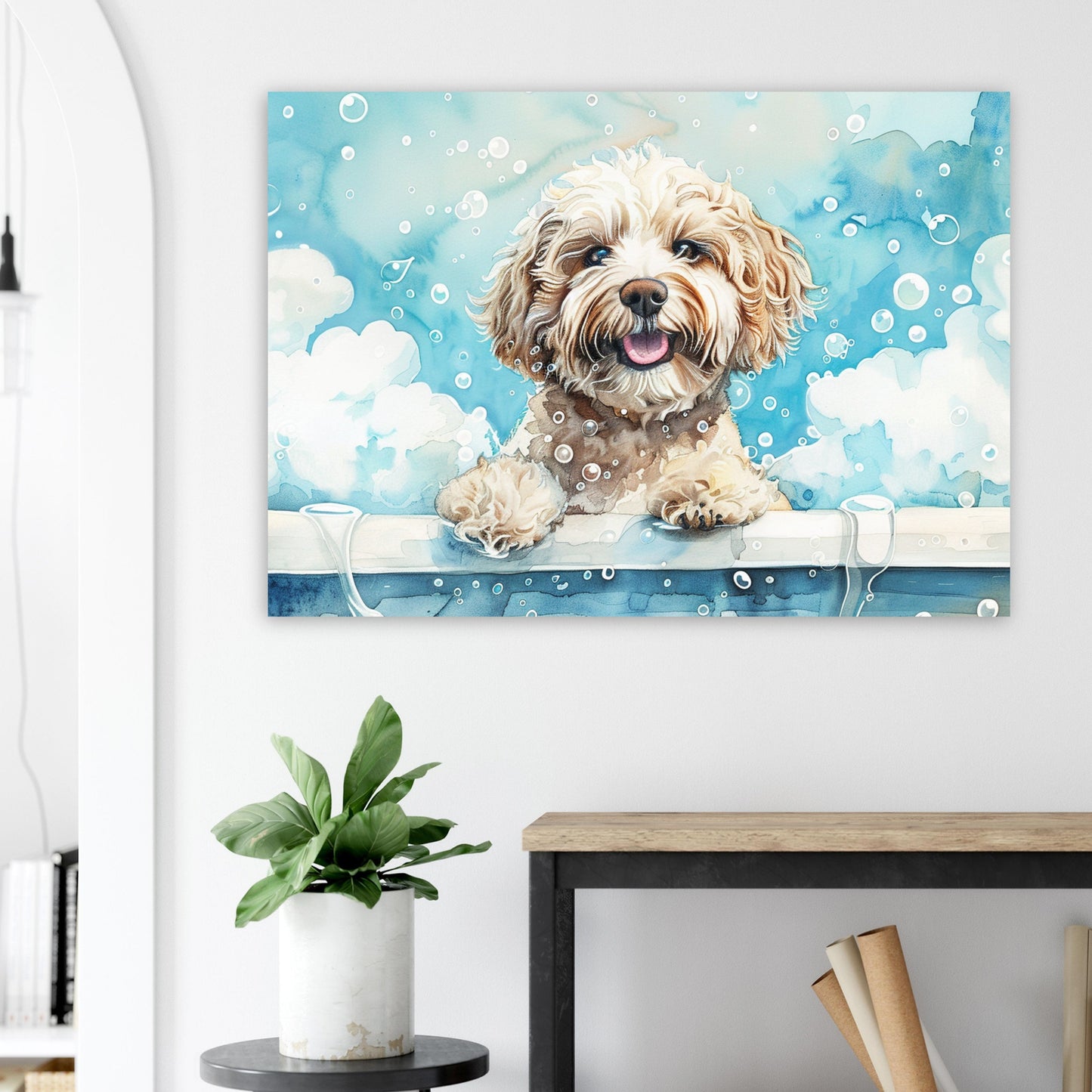 White Cockapoo Canvas / Poster Print. Colourful Watercolour Doodle Dog Bathtub Painting Splatter Paint Splash Art, Wall Decor Gifts - CanvasityCrafts - Free Shipping