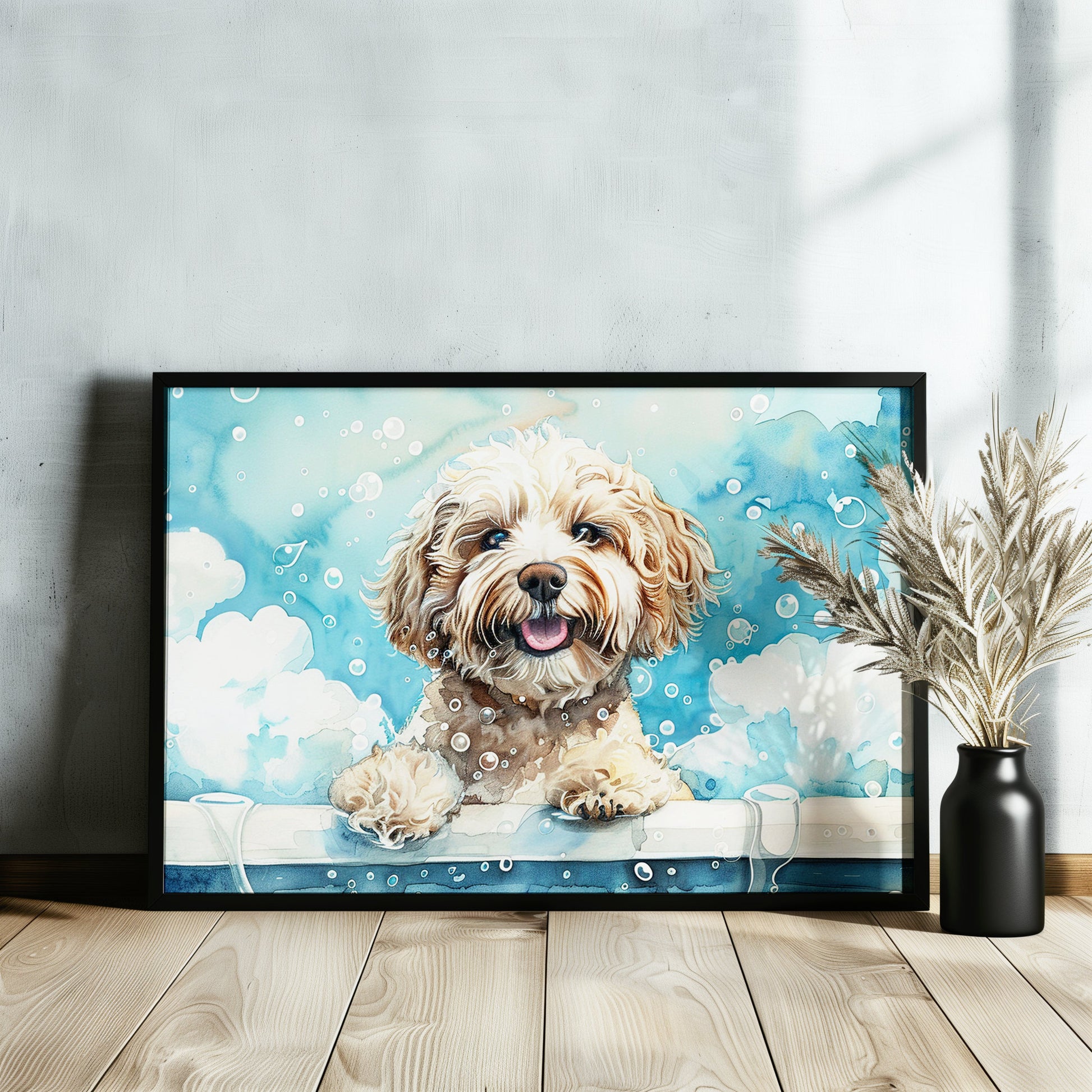 White Cockapoo Canvas / Poster Print. Colourful Watercolour Doodle Dog Bathtub Painting Splatter Paint Splash Art, Wall Decor Gifts - CanvasityCrafts - Free Shipping