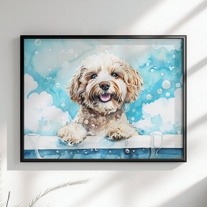 White Cockapoo Canvas / Poster Print. Colourful Watercolour Doodle Dog Bathtub Painting Splatter Paint Splash Art, Wall Decor Gifts - CanvasityCrafts - Free Shipping