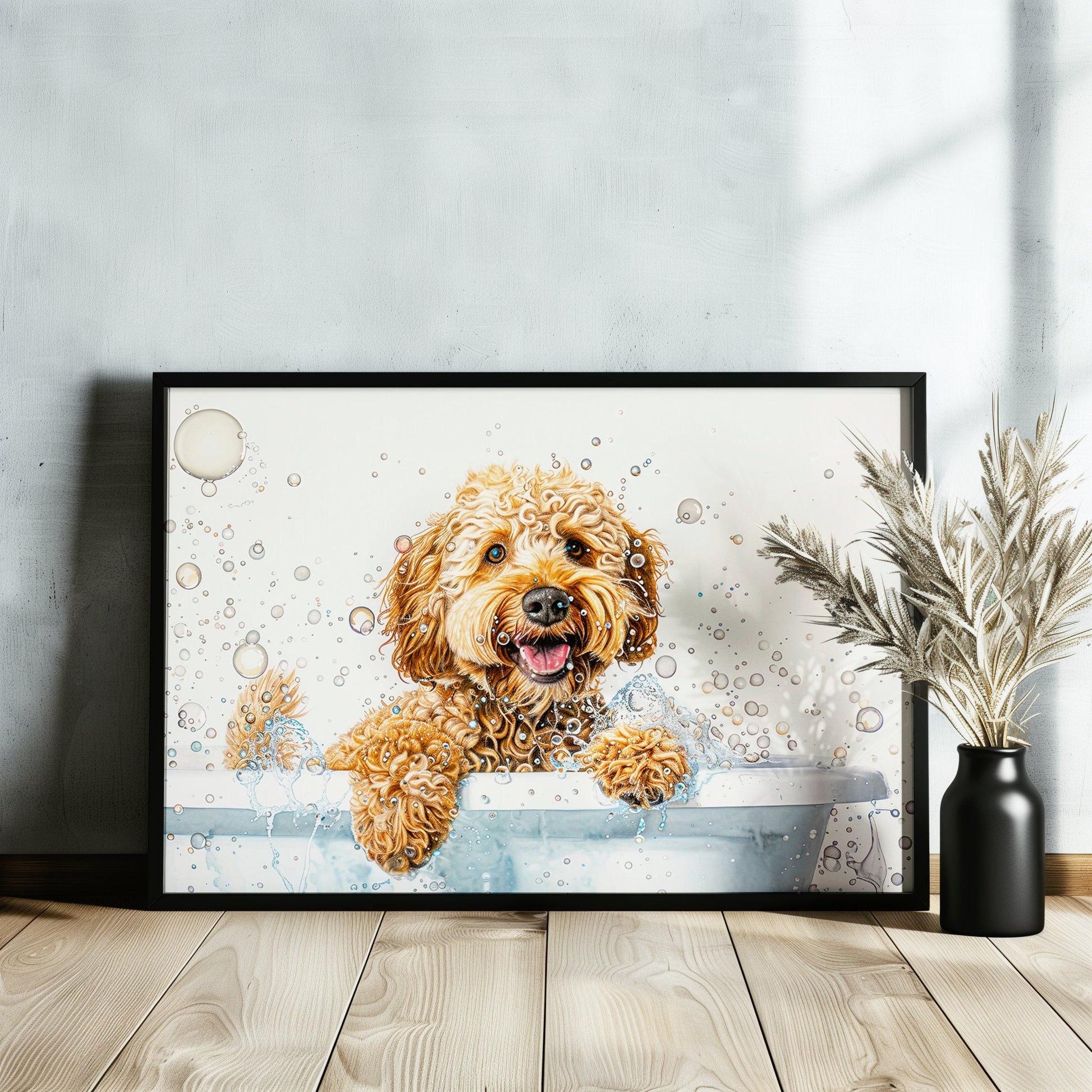 Cockapoo Canvas / Poster Print. Colourful Watercolour Doodle Dog Bathtub Painting Splatter Paint Splash Art, Groomers Wall Decor Gifts - CanvasityCrafts - Free Shipping