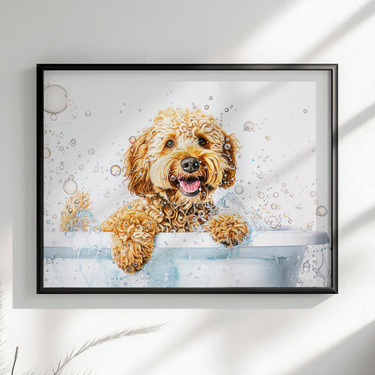 Cockapoo Canvas / Poster Print. Colourful Watercolour Doodle Dog Bathtub Painting Splatter Paint Splash Art, Groomers Wall Decor Gifts - CanvasityCrafts - Free Shipping